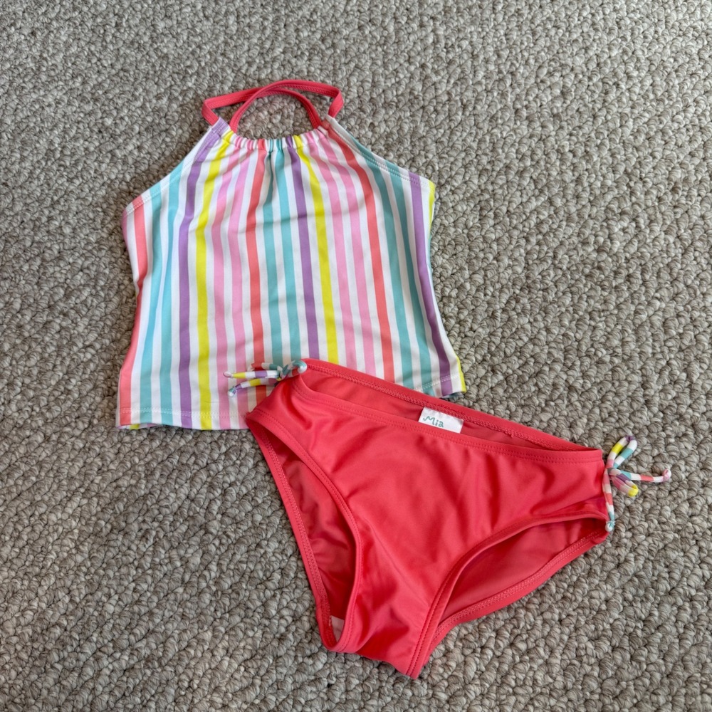 Mia & Miles Girls Rainbow Stripe Tankini Two Piece Swimsuit Coral Pink Size 6
